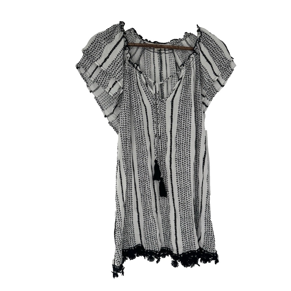 INDIGO ROSE Black White Double Cap Sleeve Boho Hippie Top 2X tassels lightweight